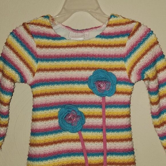 CACHCACH MULTI-COLOR STRIPED WAFFLE KNIT SWEATER DRESS WITH FLORAL APPLIQUE - Picture 2 of 8